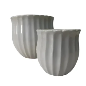 Modern Glossy White Ceramic Planter Set with Scalloped Wavy Rim