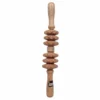 Vertical view of a handcrafted 6-wheel wooden body massager roller for maderotherapy on a white background.