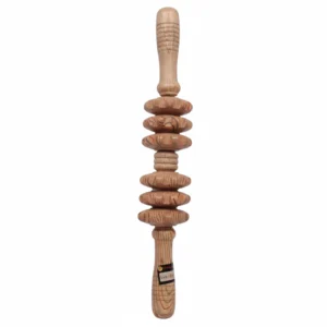 Vertical view of a handcrafted 6-wheel wooden body massager roller for maderotherapy on a white background.