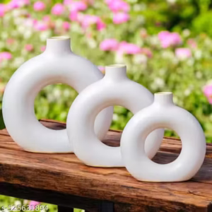 Modern Ceramic Donut Vase Set (3 Pieces) – White Glossy Finish