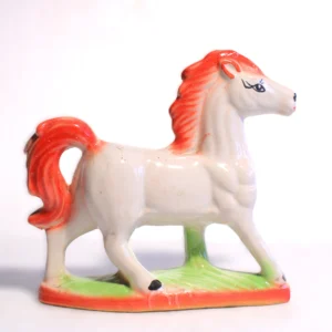Vintage-Style Hand-Painted Ceramic Horse Figurine – White & Crimson