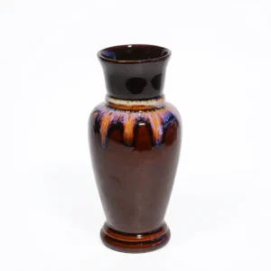 A high-gloss brown and amber drip-glaze ceramic vase holding a small green plant