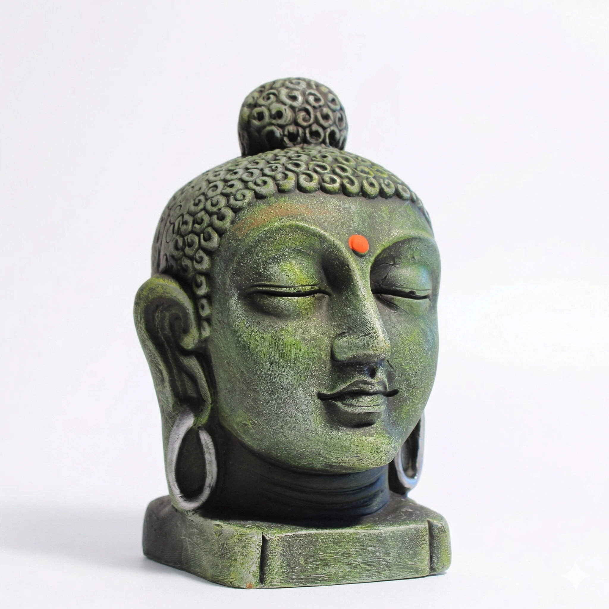 Front view of a weathered moss-green Buddha head bust with a small orange dot on the forehead