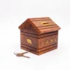 Front view of a closed wooden box with a brass diamond inlay and floral corner carvings