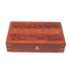 Full front view of an open wooden box showing the plush red velvet lining and brass latch