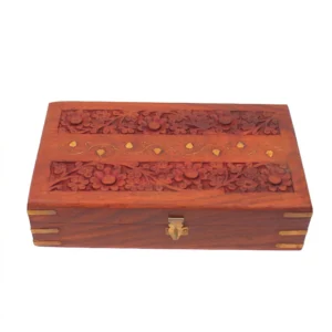 Full front view of an open wooden box showing the plush red velvet lining and brass latch