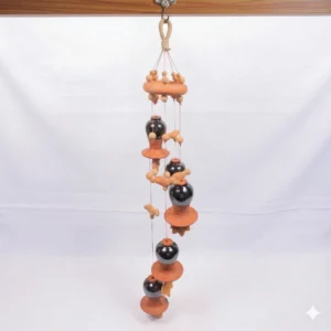 Set of 5 kulfi-shaped terracotta hanging bells with black glaze and clay birds.