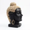 Front view of a matte black terracotta Buddha head with natural jute rope coiled on the hair and earrings