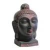 Handcrafted matte black Buddha head statue with intricate pink floral hand-painted details on a white background.