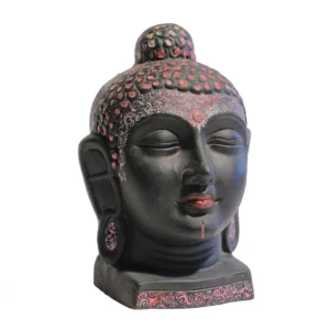 Handcrafted matte black Buddha head statue with intricate pink floral hand-painted details on a white background.