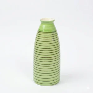 A sleek, tapered sage green ceramic vase with dark horizontal stripes, standing on a white background