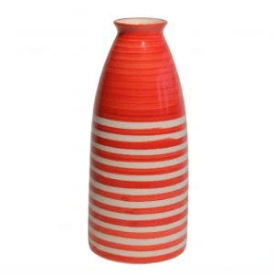 A vibrant red and white horizontally striped ceramic vase with a high-gloss finish