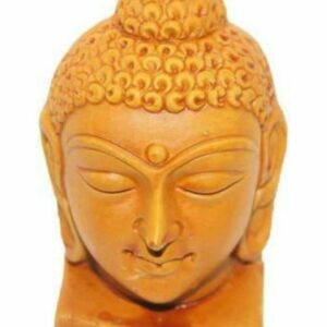 Front view of a small 11 cm terracotta brown Buddha head statue with a peaceful expression
