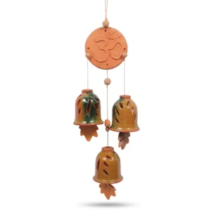 Handcrafted Terracotta Clay Wind Chimes - Hanging Bells with Om Symbol (3 Bell Set))