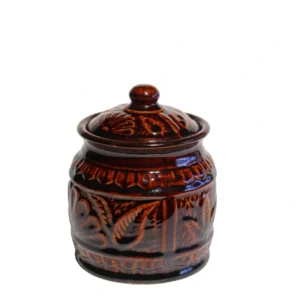 A handcrafted 200ml tapered ceramic storage jar with a glossy brown top and cream base, standing on a white background with its matching lid.