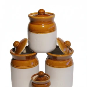 A stacked pyramid arrangement of three 250ml ceramic jars with a matching 150ml mini salt jar at the front, all in a dual-tone brown and cream finish.