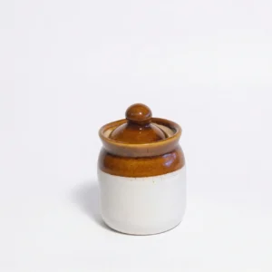 A small, handcrafted ceramic salt jar with a deep brown glazed top and cream base, standing on a white background with its matching lid.