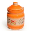 A vibrant orange and white ceramic pickle jar with an airtight lid and hand-painted abstract patterns, isolated on a white background