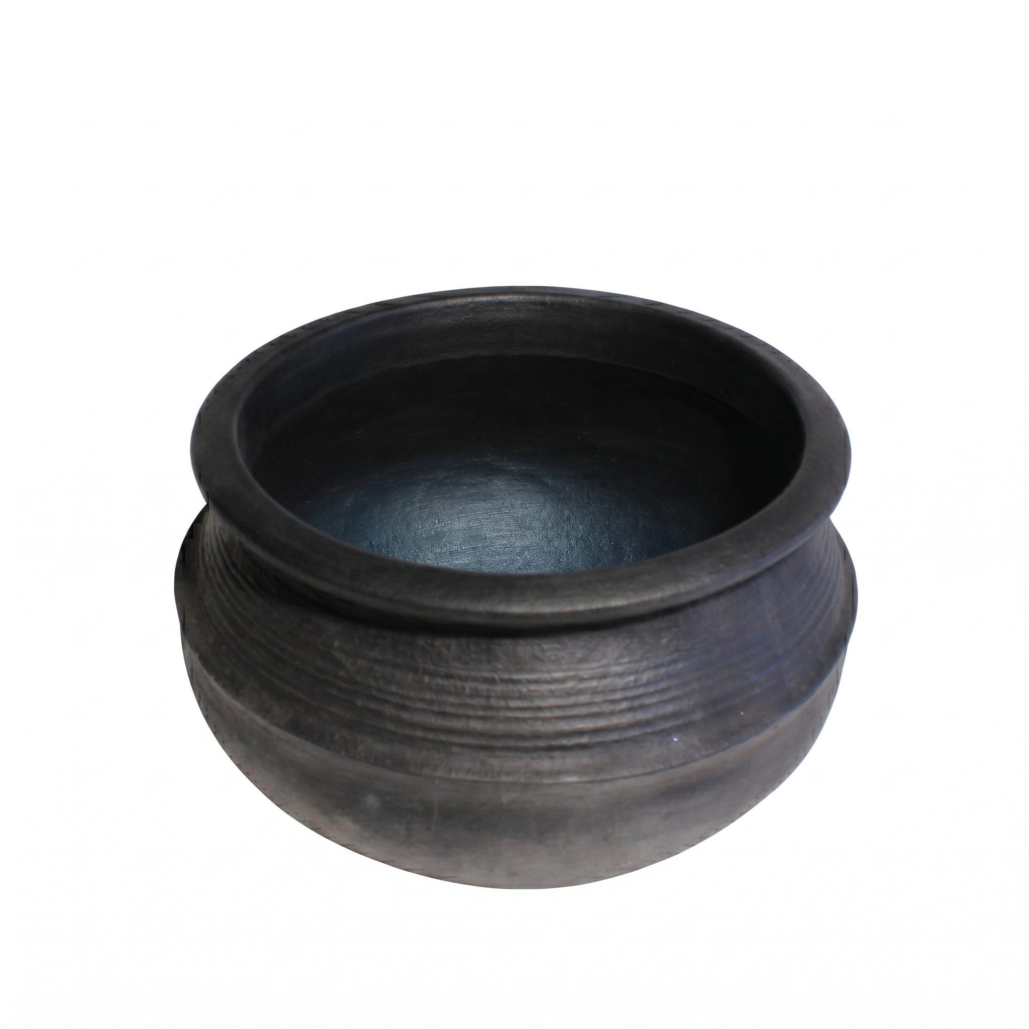 Large handcrafted black earthen pot for traditional Kerala style cooking and serving.