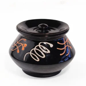 Front view of Givieo glossy black hand-painted ceramic pot with lid on a white background.
