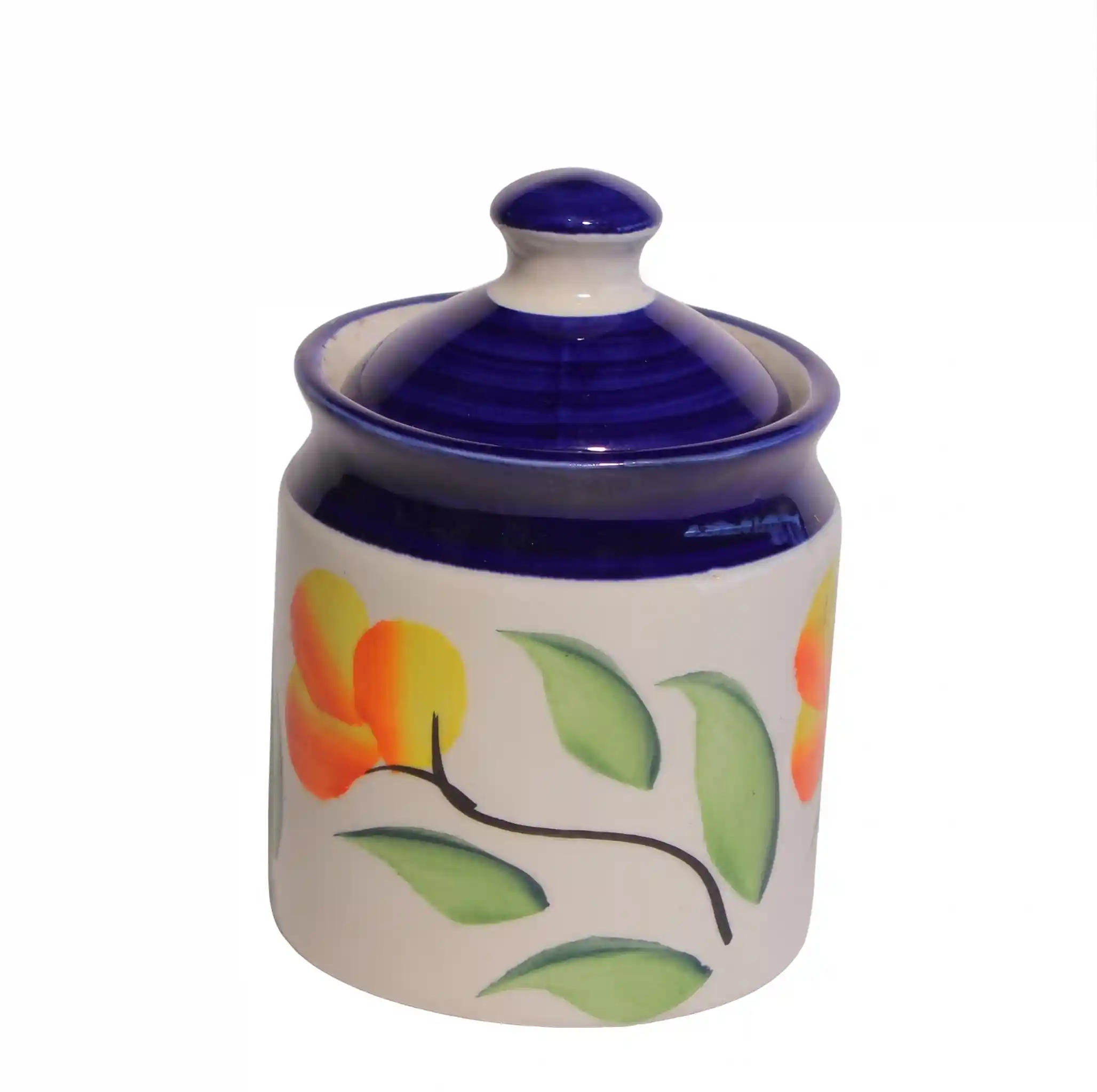 Open view of Givieo white ceramic jar with hand-painted orange flowers and a cobalt blue lid.