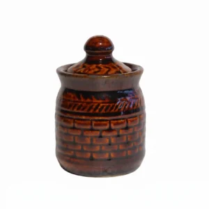 Front view of Givieo mini glossy brown ceramic jar with traditional brick-style embossing and closed lid