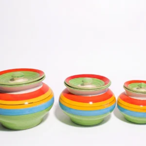 Front view of 3-piece Givieo rainbow horizon ceramic jar set stacked vertically.