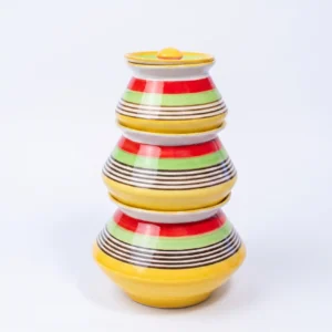 Front view of the 3-piece Givieo rainbow striped ceramic jar set stacked in a pyramid shape.