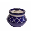 Front view of Givieo royal blue and white lattice pattern ceramic storage jar with lid.