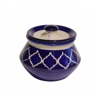 Front view of Givieo royal blue and white lattice pattern ceramic storage jar with lid.
