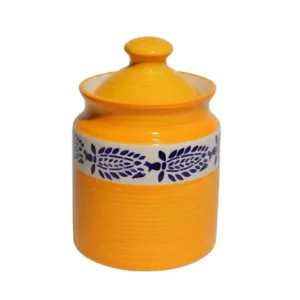 Open view of Givieo mustard yellow ceramic jar with indigo leaf pattern band and matching lid.