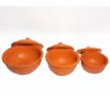 Set of three graduated terracotta clay chattis with lids in small, medium, and large.
