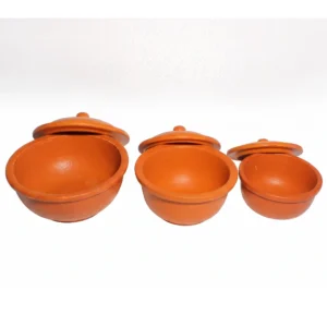 Set of three graduated terracotta clay chattis with lids in small, medium, and large.