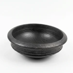Traditional black terracotta curry pot (Meen Chatti) by Vins Art House on a white background.