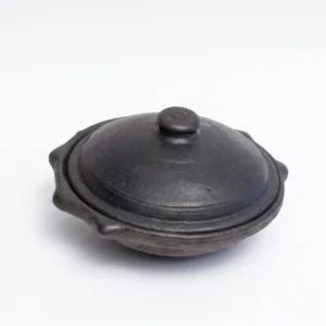 Front view of Vins Art House black terracotta appam chatti with matching clay lid.