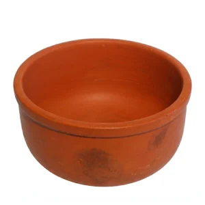 Traditional red terracotta deep cooking pot filled with spicy fish curry.