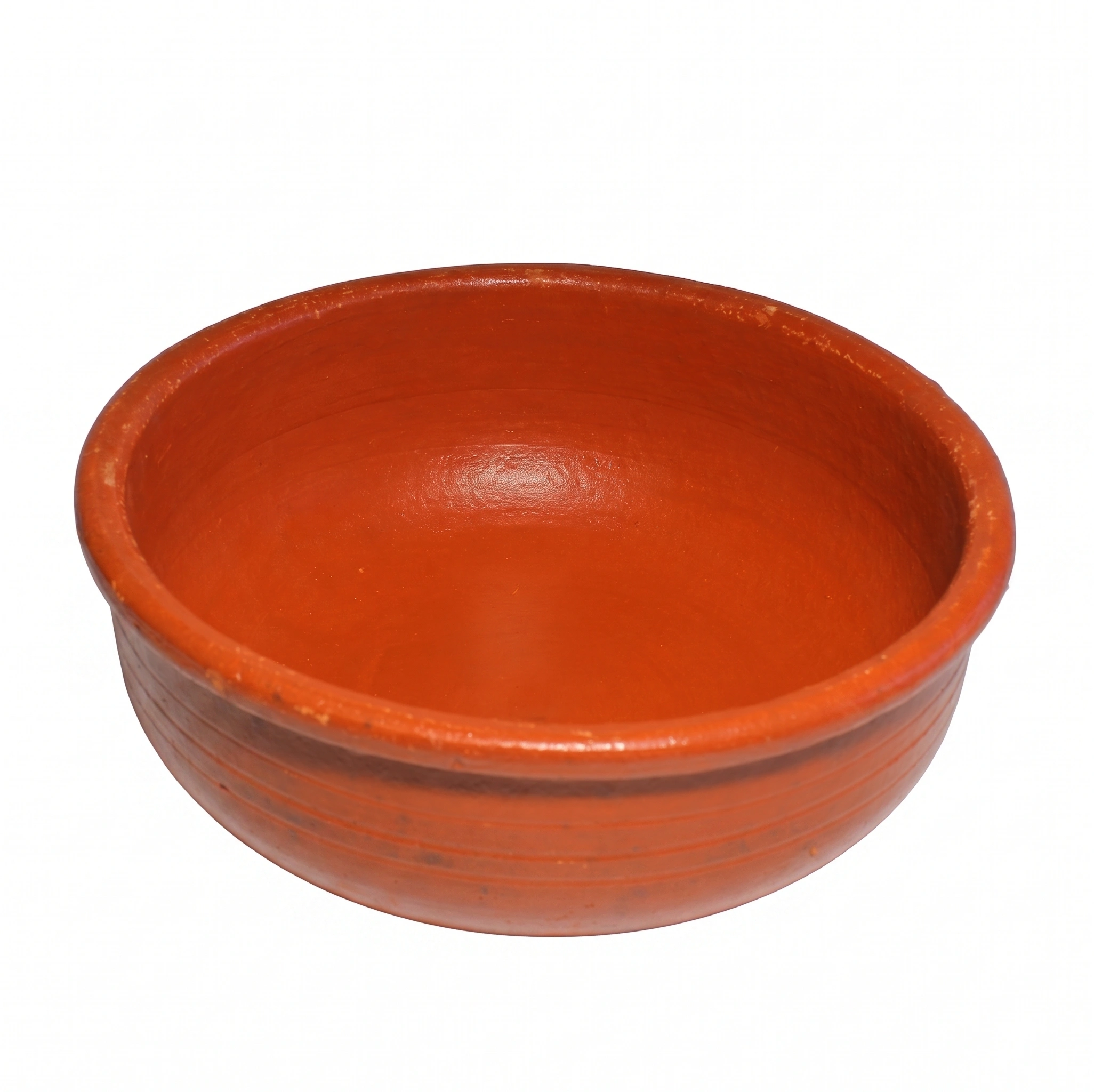 Traditional red clay chatti with lid from Vins Art House, handcrafted terracotta cooking pot on white background.