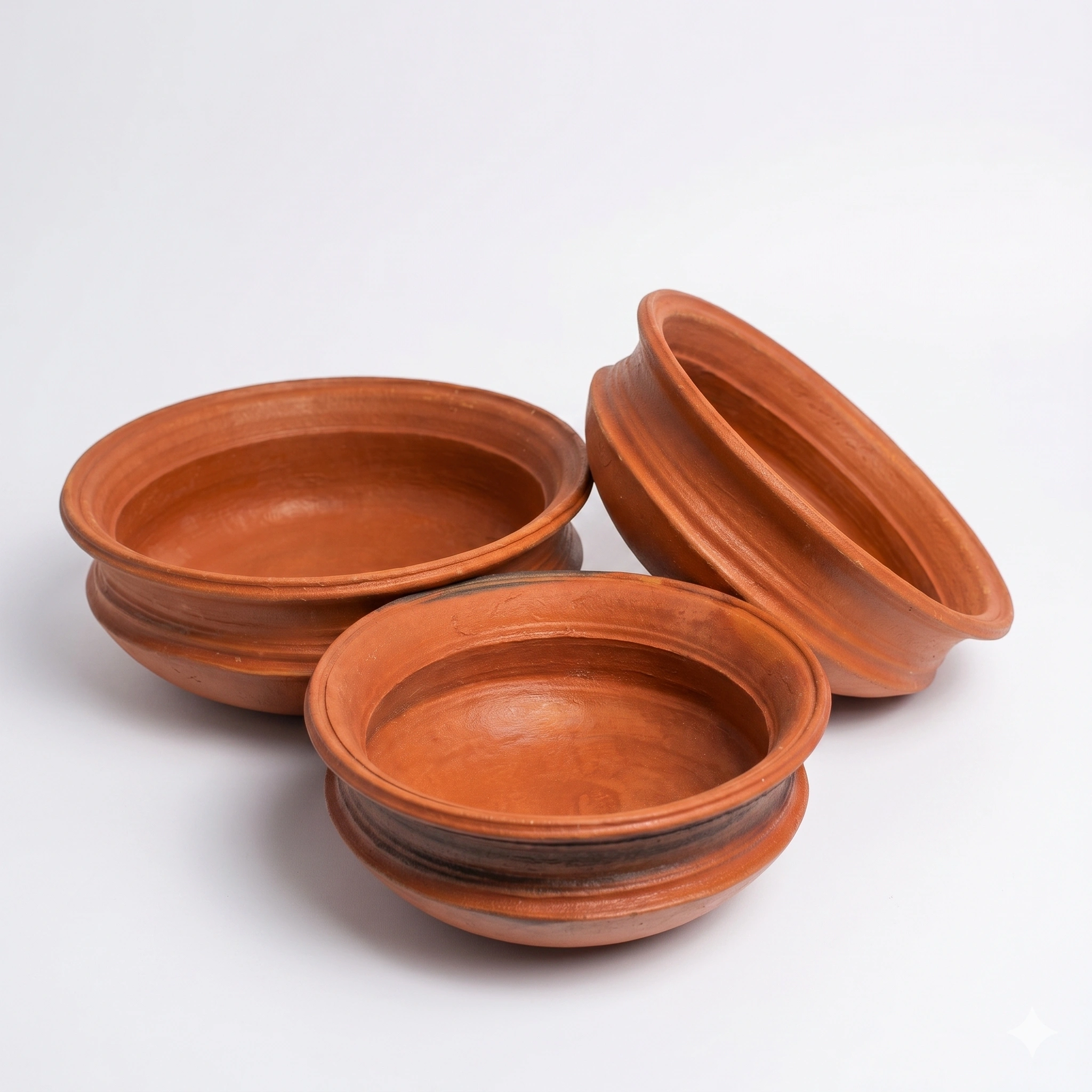 Pack of three traditional red terracotta chattis by Vins Art House on a white background.