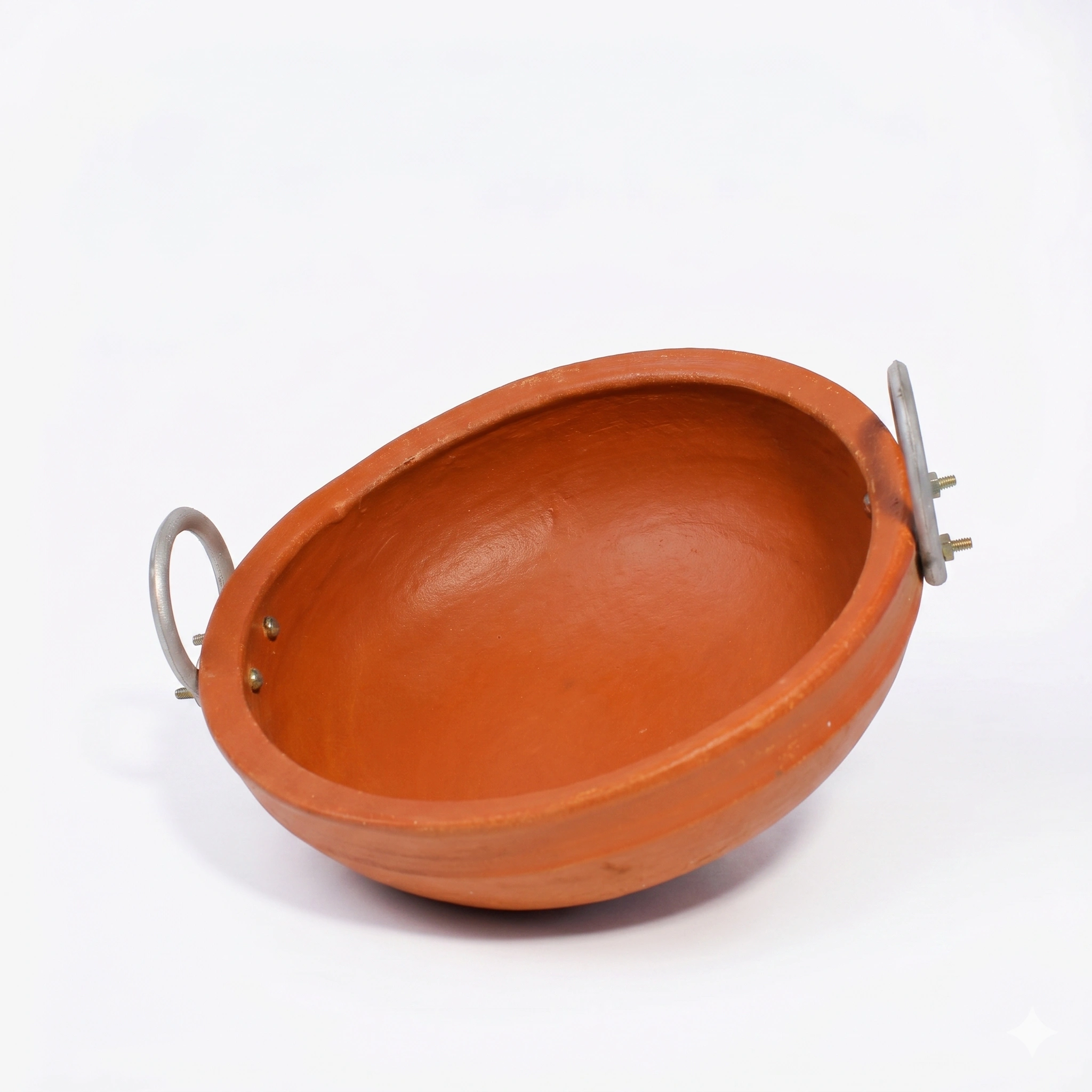 Front view of Vins Art House mini short size red terracotta kadai chatti with metal handles.