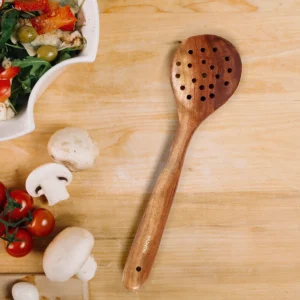 Handcrafted Natural Wood Slotted Skimmer Spoon | Eco-Friendly Wooden Strainer & Cooking Ladle