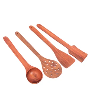 Handcrafted Neem Wood Kitchen Utensil Set (Pack of 4) – Non-Stick Safe Spatula, Skimmer & Ladle Set