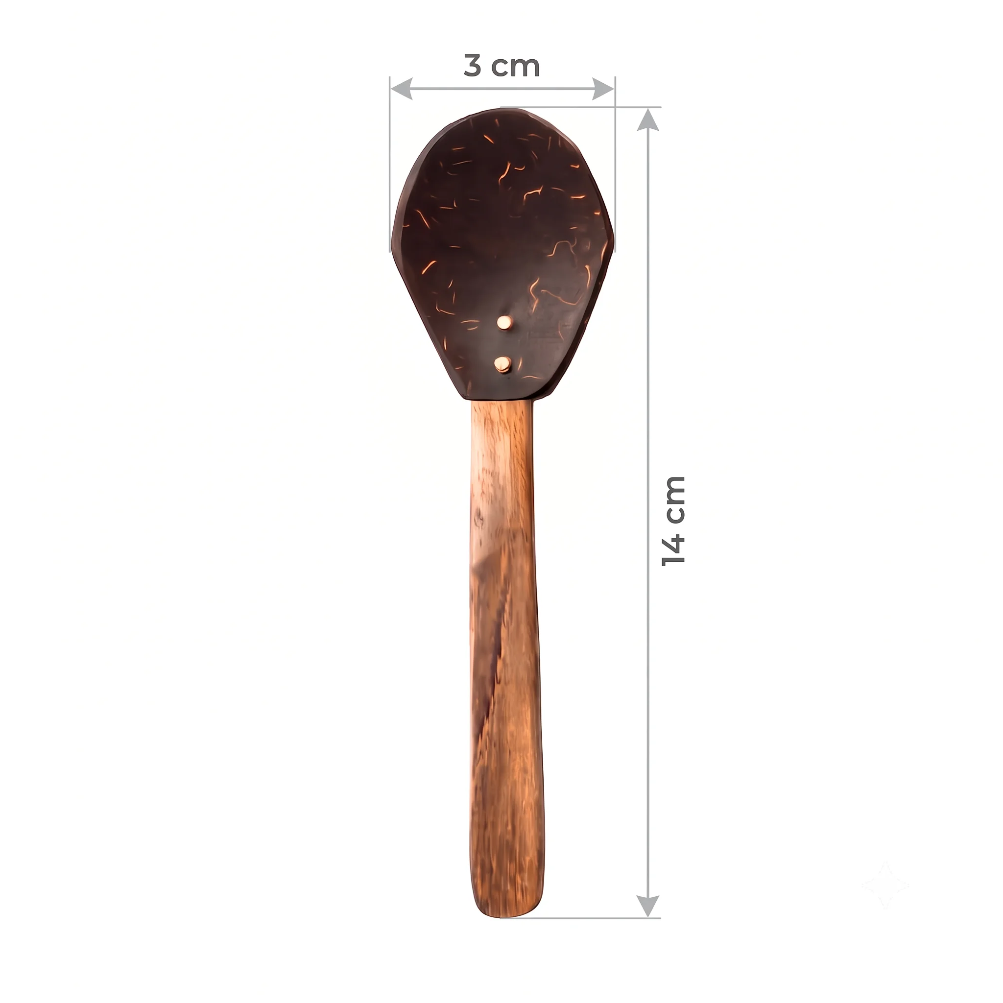 Vins Art House small coconut shell spoon showing 14 cm length and 3 cm width dimensions
