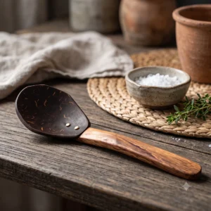 Vins Art House coconut shell spoon showing 18 cm height and 5 cm head width dimensions