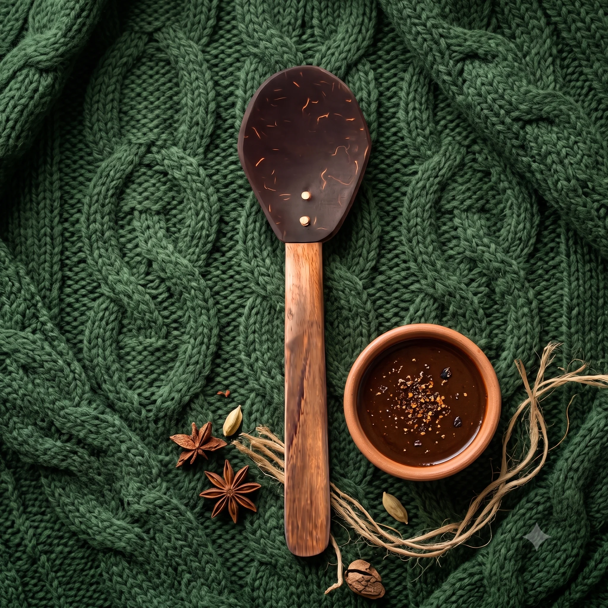 Close up of natural coconut shell texture and wooden handle fastened with rivets
