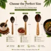 Vins Art House coconut shell spoon set size comparison chart showing small 14cm, medium 16cm, and large 18cm dimensions.