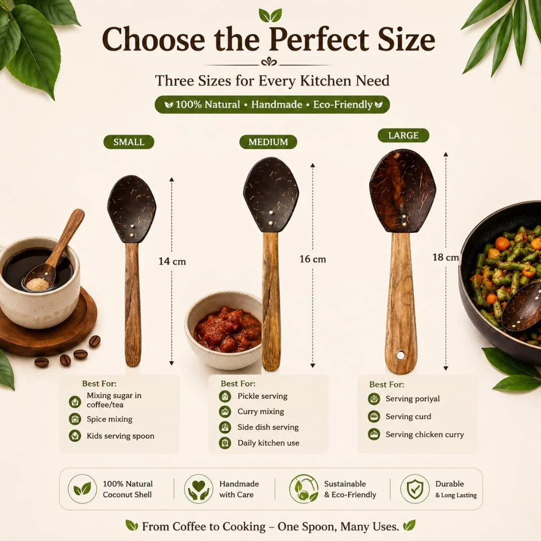 Vins Art House coconut shell spoon set size comparison chart showing small 14cm, medium 16cm, and large 18cm dimensions.