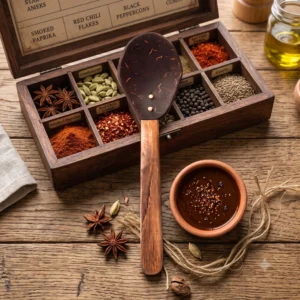 Handmade coconut shell spoon placed inside a wooden spice box with aromatic spices