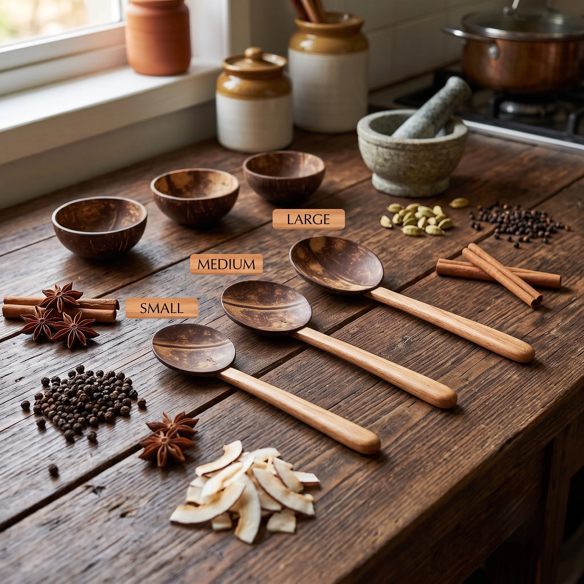 Handmade Coconut Shell Round Spoon Set (Pack of 3 - S, M, L) | Eco-Friendly Wooden Handle Cookware & Serving Ladle Set for Cooking, Spices & Meals