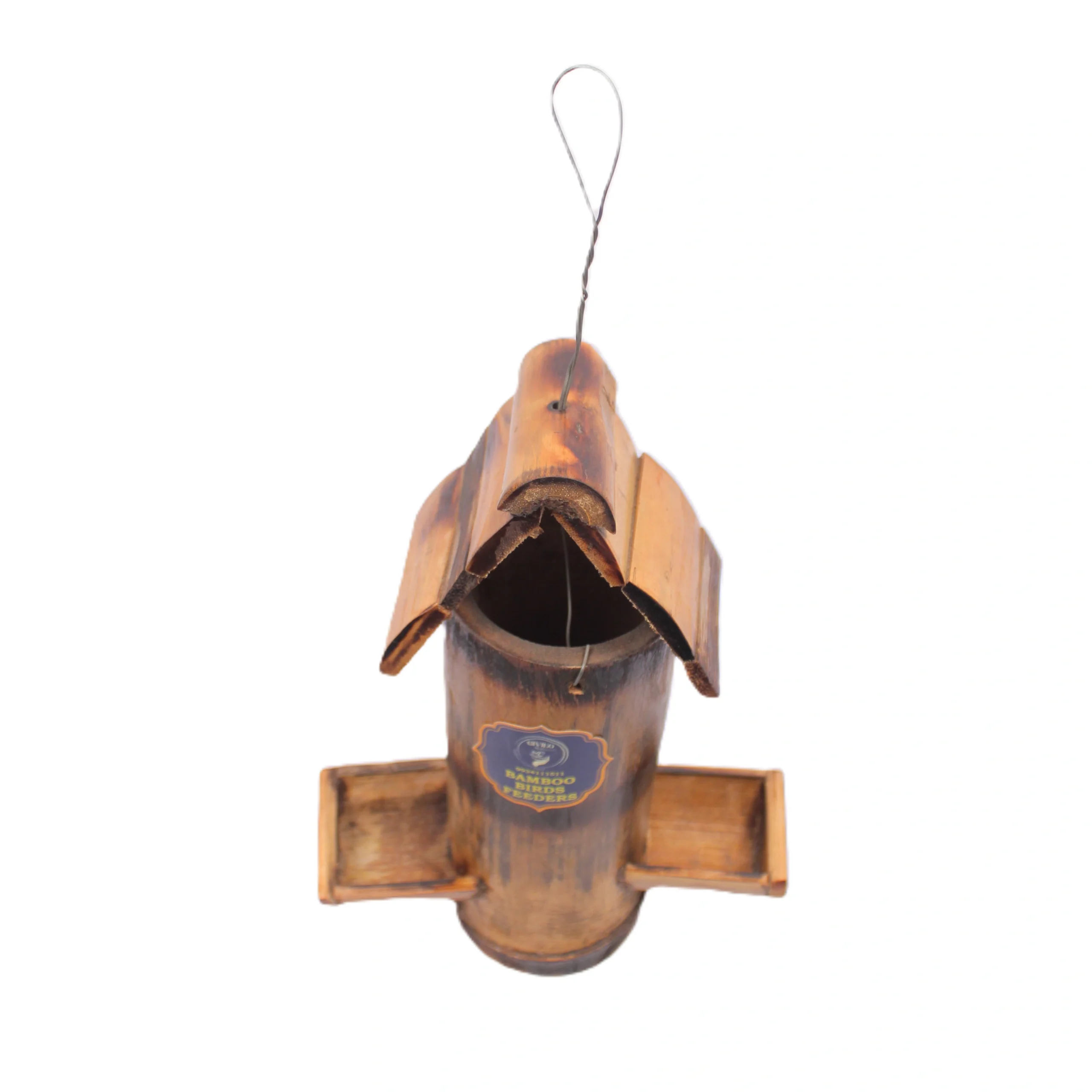 Givieo Naturals Handcrafted Dark Bamboo Bird Feeder with Hut-Style Roof & Dual Perch Trays (Hanging Garden Feed Station)