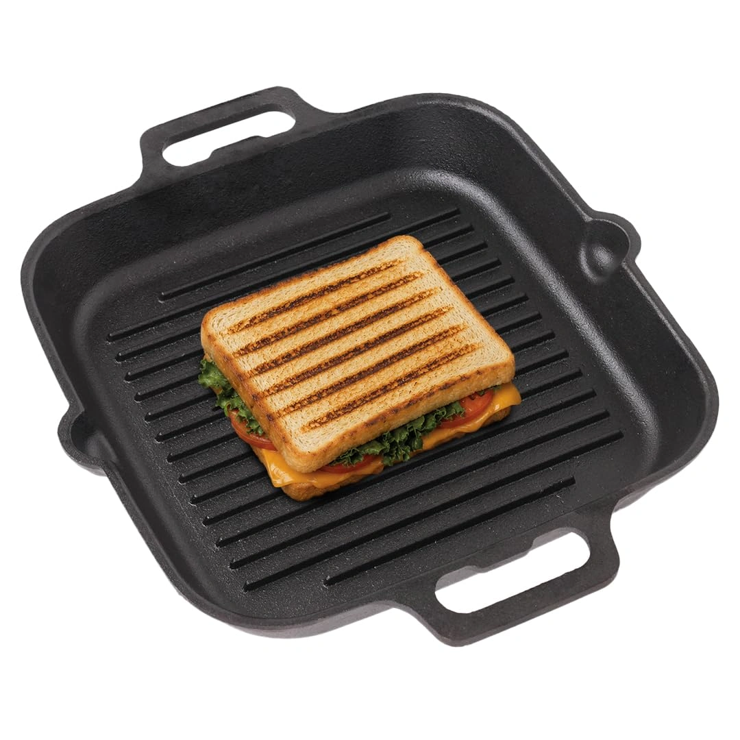 Vins Art House Pre-Seasoned Cast Iron Square Grill Pan with Double Loop Handles & Pour Spouts (10 Inch / 25.4 cm)